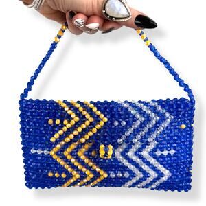 1960's handmade shimmering blue and yellow woven beaded mini bag